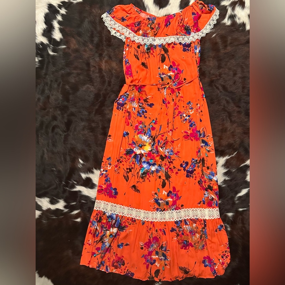 Umgee Orange Floral Maxi Dress with Lace Trim Small NWT